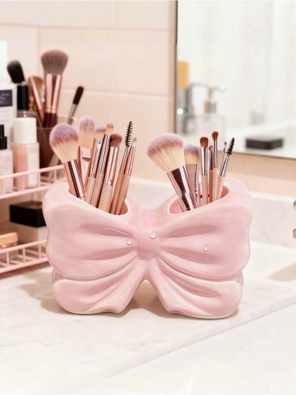 Pink Ceramic Bow Makeup Brush Holder